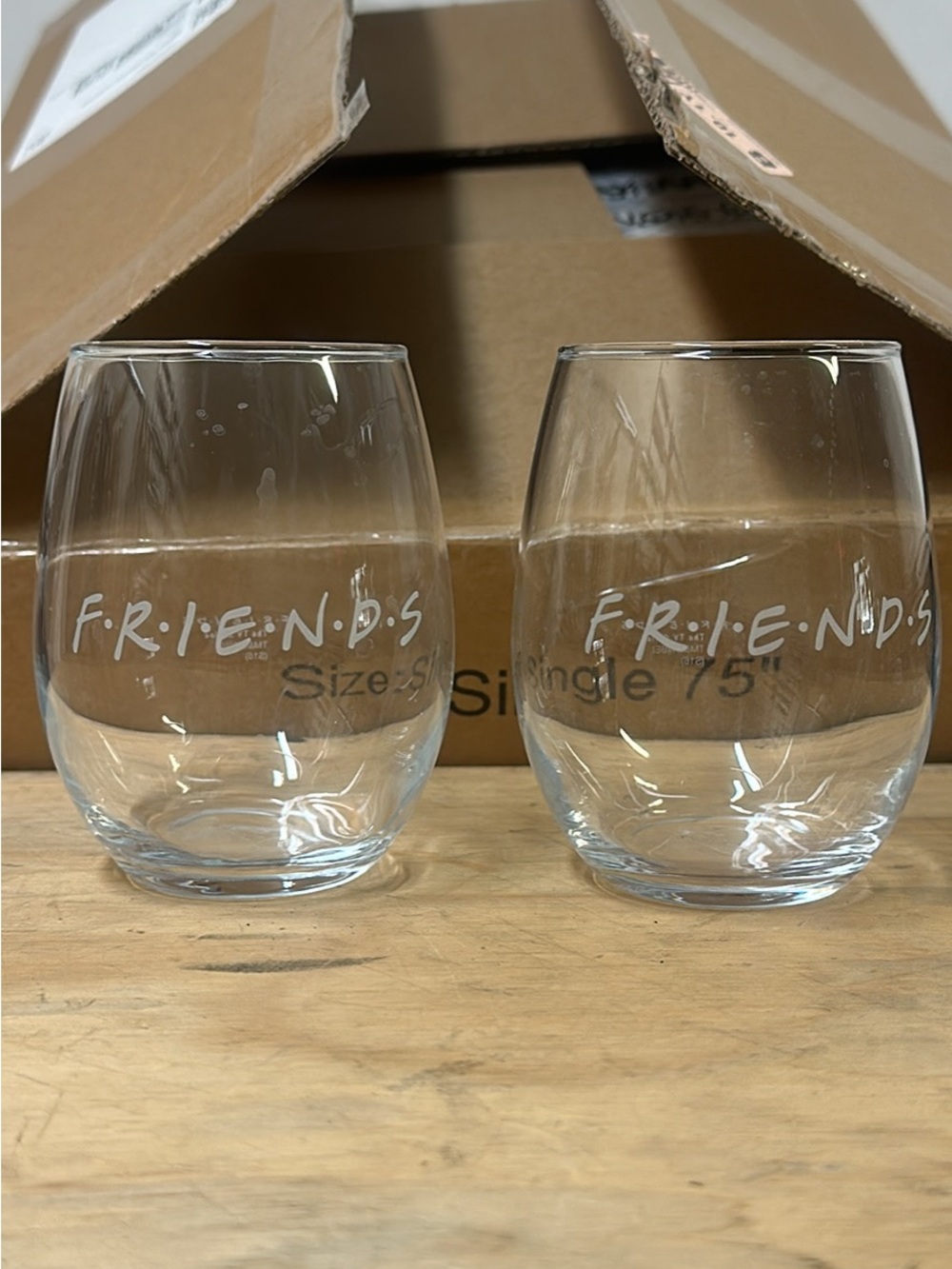 Set of 2 Clear Stemless Wine Glasses with FRIENDS Logo